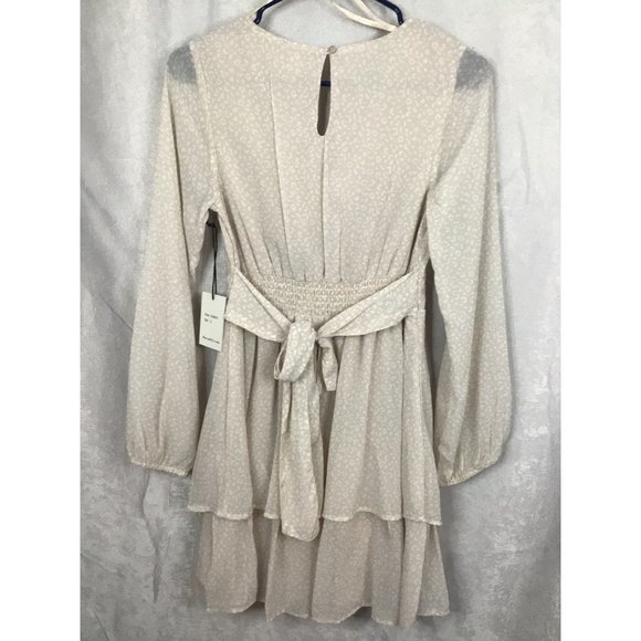 Japna Small A-Line Mini Dress Long Balloon Sleeve Layered Lined Tie Back V-Neck - Picture 10 of 12